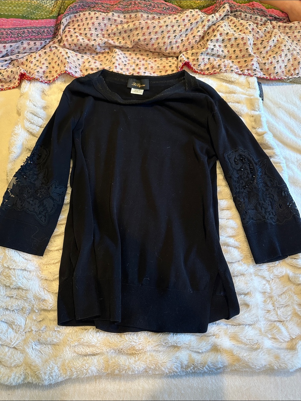 Les Copains Black Embroidered Sleeve Knit Top